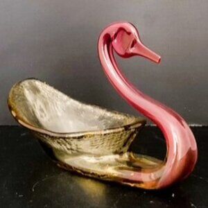 Vintage Amber Glass Swan Bowl 7.25"